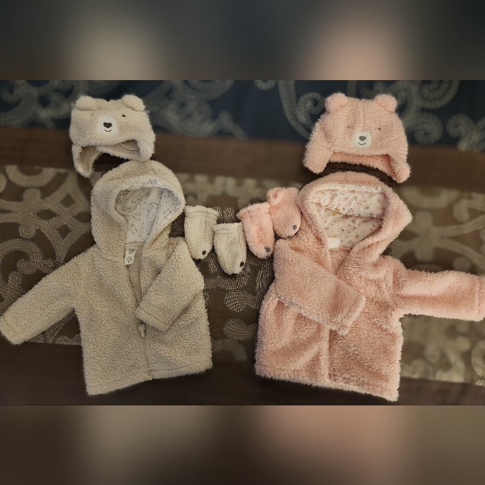 Fleece zip up bear jackets with matching hats and gloves